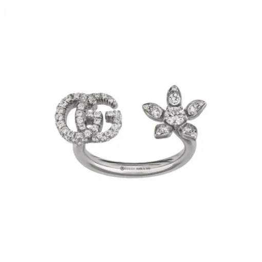 Anillo Gucci de flor y Doble G con diamantes Oro Blanco | Chocron Joyeros