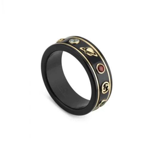 Anillo Gucci Icon de oro amarillo, corindón sintético negro y topacios