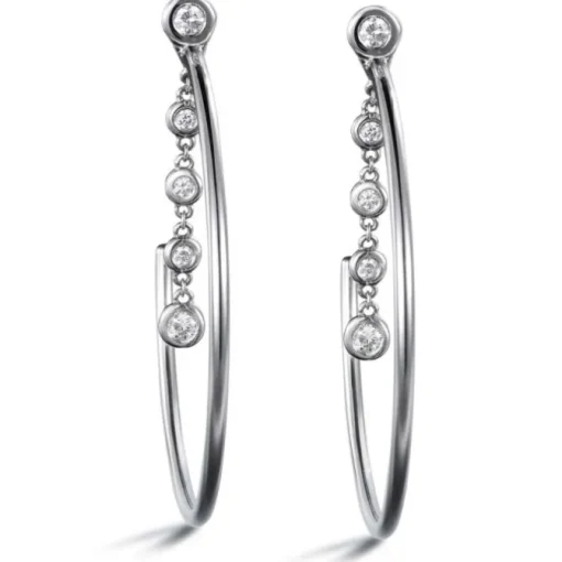 Aros "Shiny Drops" grandes de oro blanco con cadena de diamantes en chatón