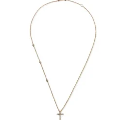 Colgante de oro rosa con cruz de brillantes y 3 chatones en cadena