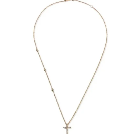 Colgante de oro rosa con cruz de brillantes y 3 chatones en cadena