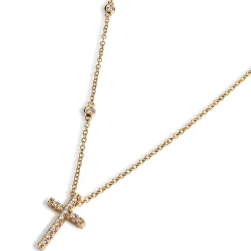 Colgante de oro rosa con cruz de brillantes y 3 chatones en cadena