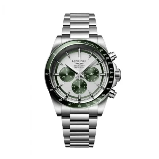 Longines Conquest Cronógrafo esfera blanca bisel verde 42mm