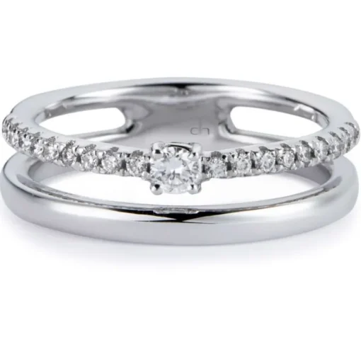 Media alianza doble de oro blanco con diamantes talla brillante y diamante central