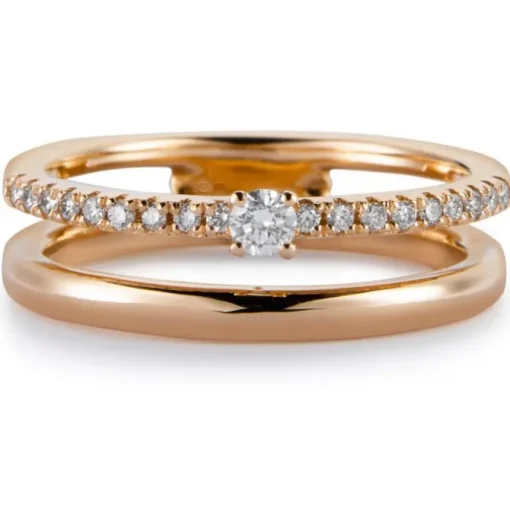 Media alianza doble de oro rosa con diamantes talla brillante y diamante central