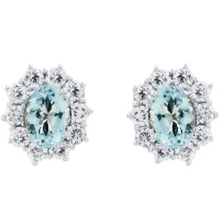 Pendientes de oro blanco con aguamarina y orla de 20 diamantes