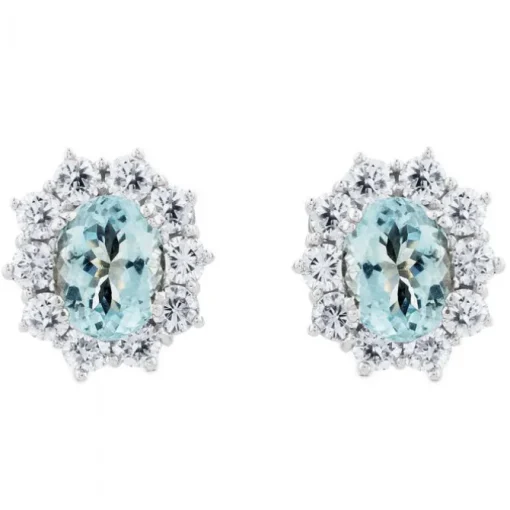 Pendientes de oro blanco con aguamarina y orla de 20 diamantes