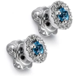 Pendientes de oro blanco con topacio azul y orla de diamantes