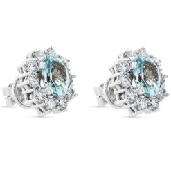 Pendientes de oro blanco con aguamarina y orla de 20 diamantes
