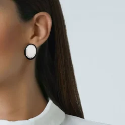 Pendientes de oro blanco y ébano ovalados con piedra de luna