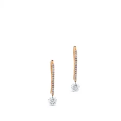 Pendientes de oro rosa con hilera de diamantes y diamante al aire