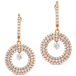 Pendientes de oro rosa con círculo de pavé de diamantes y diamante al aire