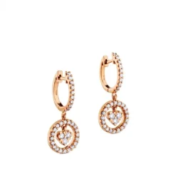 Pendientes de oro rosa con corazón de 3 diamantes y pavé de diamantes