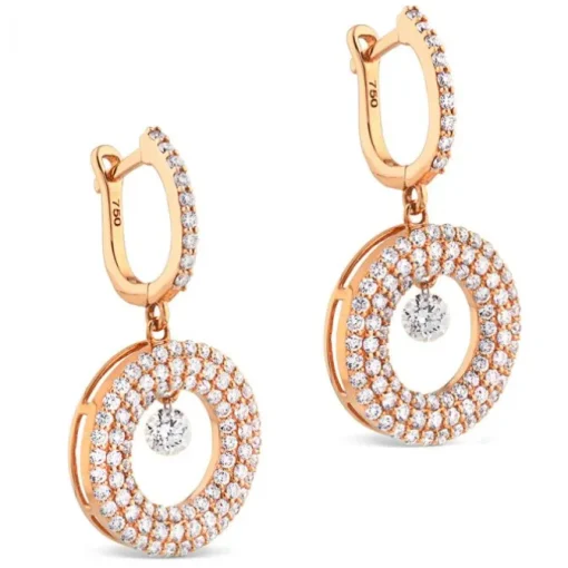Pendientes de oro rosa con círculo de pavé de diamantes y diamante al aire