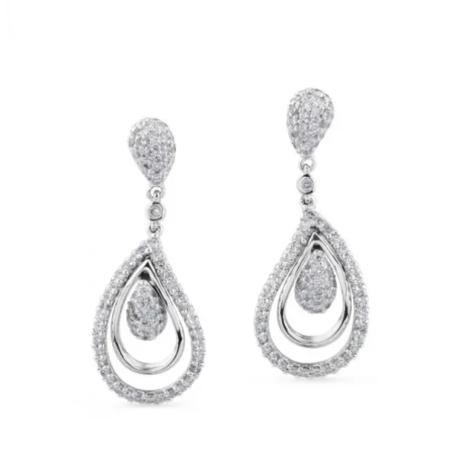 Pendientes largos de oro blanco con lágrimas uniformes de pavé de diamantes