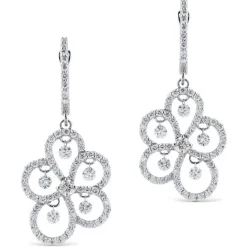 Pendientes largos de oro blanco con flor de lágrimas de pavé de diamantes y diamantes al aire