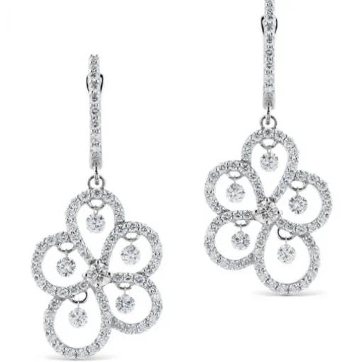 Pendientes largos de oro blanco con flor de lágrimas de pavé de diamantes y diamantes al aire