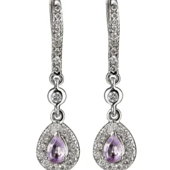 Pendientes largos de oro blanco con espinelas rosas y diamantes
