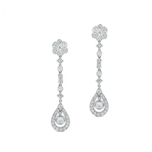 Pendientes largos de oro blanco con diamantes, flor y lágrima de diamantes