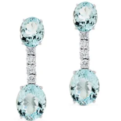 Pendientes largos de oro blanco con diamantes y aguamarinas ovales