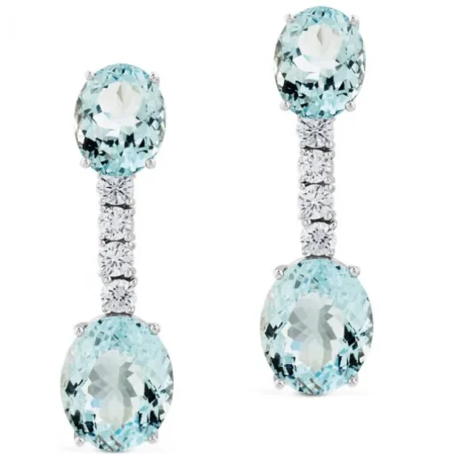 Pendientes largos de oro blanco con diamantes y aguamarinas ovales