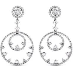 Pendientes largos de oro blanco con círculos concéntricos de pavé de diamantes