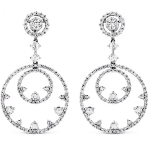 Pendientes largos de oro blanco con círculos concéntricos de pavé de diamantes