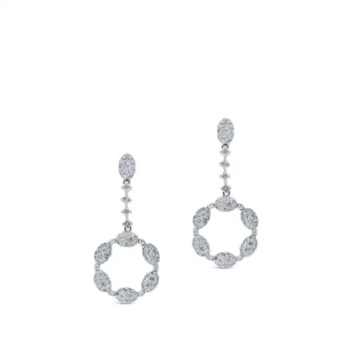 Pendientes largos de oro blanco y diamantes con terminación hexagonal de pavé de diamantes