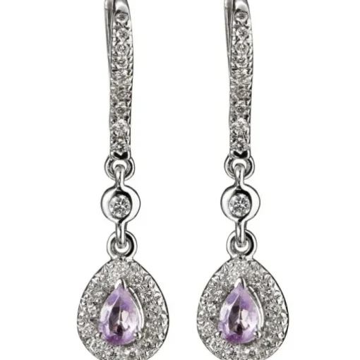 Pendientes largos de oro blanco con espinelas rosas y diamantes