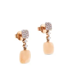 Pendientes largos de oro rosa con diamantes y ópalo rosa