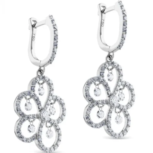 Pendientes largos de oro blanco con flor de lágrimas de pavé de diamantes y diamantes al aire