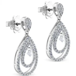 Pendientes largos de oro blanco con lagrimas de diamantes y diamante al aire
