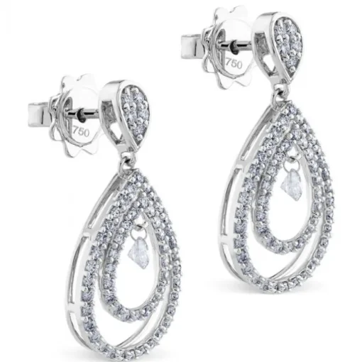 Pendientes largos de oro blanco con lagrimas de diamantes y diamante al aire