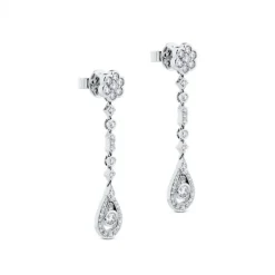 Pendientes largos de oro blanco con diamantes, flor y lágrima de diamantes