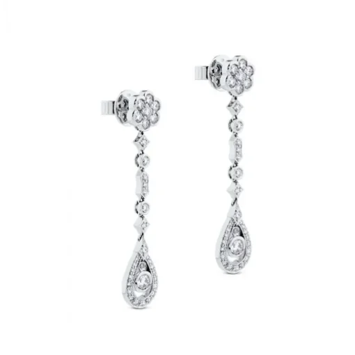 Pendientes largos de oro blanco con diamantes, flor y lágrima de diamantes