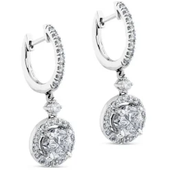 Pendientes largos de oro blanco con diamantes y orla de pavé de diamantes