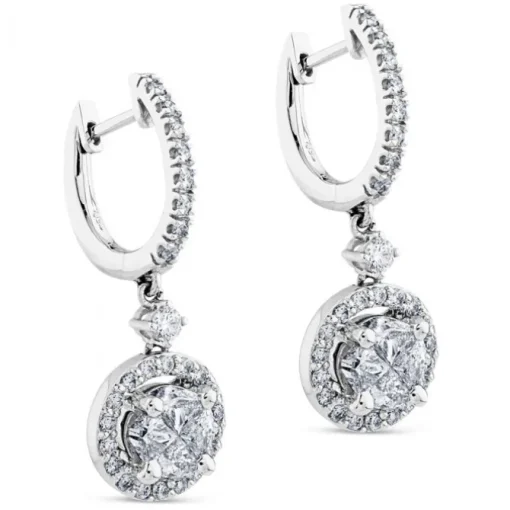 Pendientes largos de oro blanco con diamantes y orla de pavé de diamantes