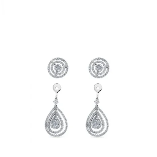 Pendientes largos de oro blanco desmontables con gotas superpuestas de diamantes