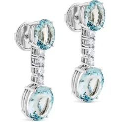 Pendientes largos de oro blanco con diamantes y aguamarinas ovales