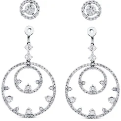 Pendientes largos de oro blanco con círculos concéntricos de pavé de diamantes