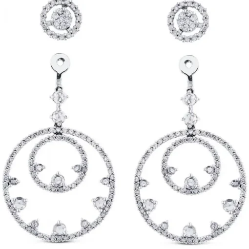 Pendientes largos de oro blanco con círculos concéntricos de pavé de diamantes