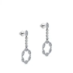 Pendientes largos de oro blanco y diamantes con terminación hexagonal de pavé de diamantes