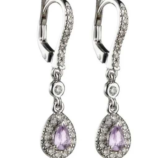 Pendientes largos de oro blanco con espinelas rosas y diamantes
