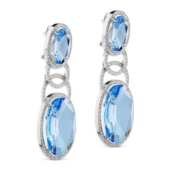 Pendientes largos de oro blanco con circulos de diamantes y cuarzo azul