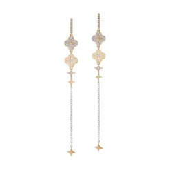 Pendientes "Pensamiento" extralargos con cadena de oro blanco y diamantes