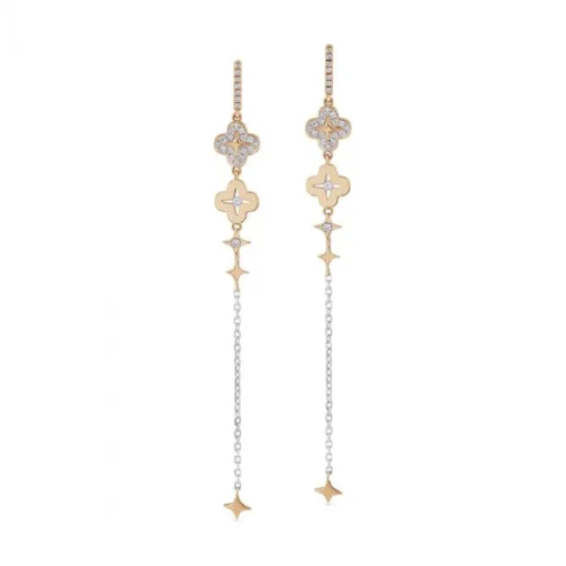Pendientes "Pensamiento" extralargos con cadena de oro blanco y diamantes