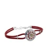 Pulsera de oro blanco con cordón rojo y círculo de cuarzos de colores
