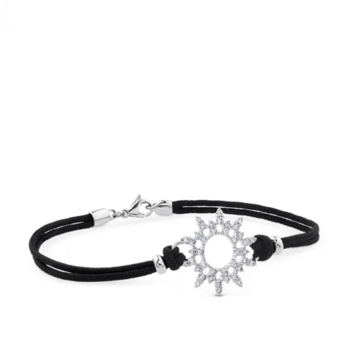 Pulsera de oro blanco y cordón negro con sol de pavé de diamantes