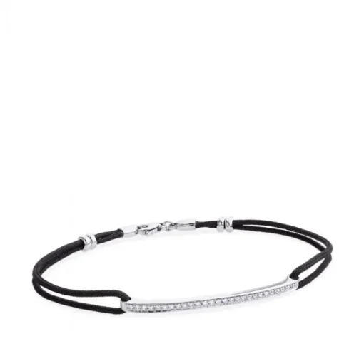 Pulsera de oro blanco y cordón negro con hilera de diamantes