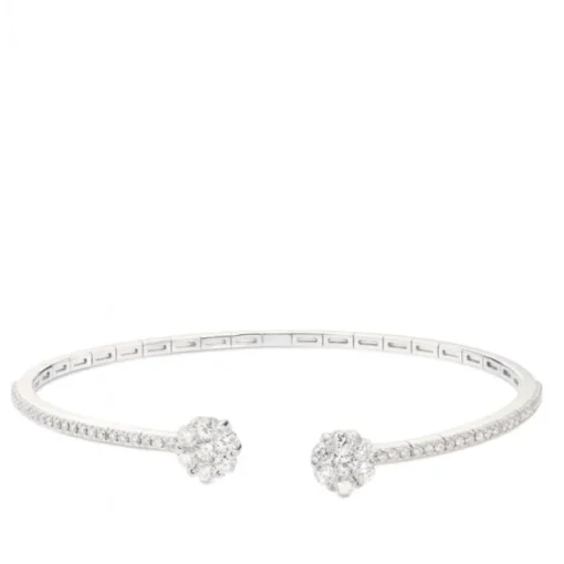 Pulsera rígida abierta de oro blanco con diamantes y terminaciones en flor